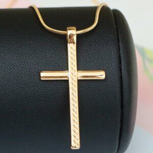 "Elegant Long Cross Rose Gold Pendant with Diamond Pattern Design, XPPT1601